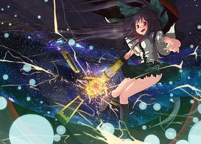 video games, Touhou, wings, outer space, stars, skirts, long hair, weapons, electricity, red eyes, cannons, blush, bows, open mouth, capes, ponytails, lightning, Reiuji Utsuho, anime girls, third eye, slit pupils, hair ornaments, orbs, bangs, black hair,  - random desktop wallpaper