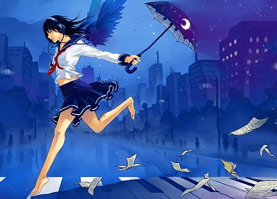 headphones, abstract, music, skirts, blue hair, red eyes, artwork, umbrellas, anime girls - related desktop wallpaper