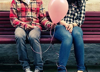 jeans, love, bench, balloons, plaid shirt - desktop wallpaper