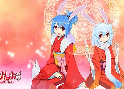 bunnies, food, kimono, blue hair, bunny girls, animal ears, bunny ears, Bili Bili Douga, anime girls - random desktop wallpaper