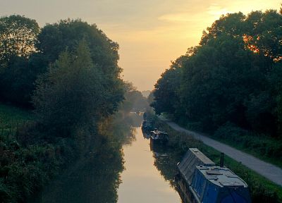 sunset, clouds, landscapes, trees, England, forests, Europe, boats, United Kingdom, canal - related desktop wallpaper