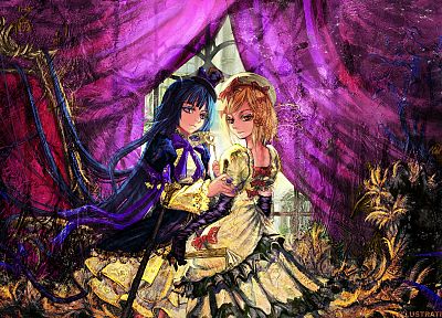 women, witch, dress, purple, Umineko no Naku Koro ni, anime, Frederica Bernkastel, Lambdadelta - duplicate desktop wallpaper