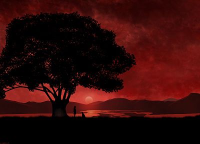 sunset, landscapes, nature, trees, Jigoku Shoujo - duplicate desktop wallpaper