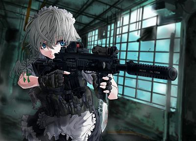 Touhou, machine gun, Izayoi Sakuya, Heckler and Koch, silencer, Terabyte, anime girls - desktop wallpaper