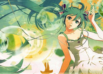 headphones, Vocaloid, dress, Hatsune Miku, long hair, bubbles, green eyes, green hair, twintails, bows, white dress, anime girls, wires, hair ornaments, bare shoulders - related desktop wallpaper