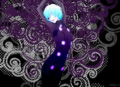 dark, Ayanami Rei, Neon Genesis Evangelion, blue hair, glowing, red eyes, short hair, plugsuit, bodysuits, armpits, bandages, purple dress, anime girls, ornaments, arms raised - desktop wallpaper