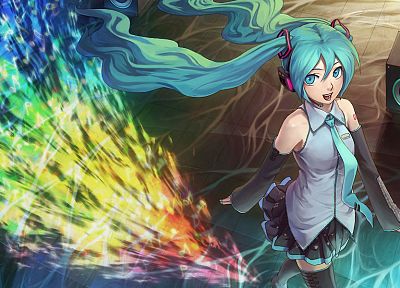 music, Vocaloid, Hatsune Miku, tie, long hair, speakers, blue hair, twintails, miniskirts, anime girls, detached sleeves, colors - related desktop wallpaper