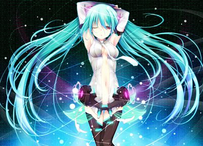 Vocaloid, Hatsune Miku, cleavage, tie, long hair, numbers, red eyes, thigh highs, twintails, fireflies, navel, armpits, wink, aqua hair, Miku Append, anime girls, Vocaloid Append, detached sleeves, hair ornaments, arms raised, bare shoulders - random desktop wallpaper