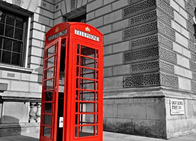 black, red, white, old, Britain, London, selective coloring, sidewalks, phone booth, English Telephone Booth - random desktop wallpaper