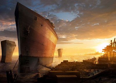 sunset, ships, artwork, vehicles - related desktop wallpaper