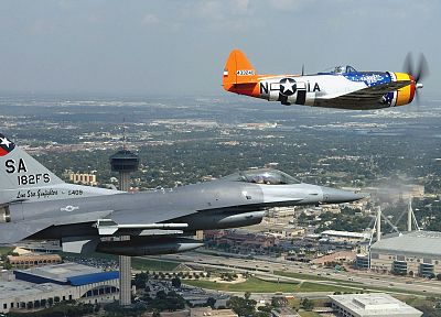aircraft, military, World War II, Warbird, P-47 Thunderbolt, F-16 Fighting Falcon, fighters - related desktop wallpaper