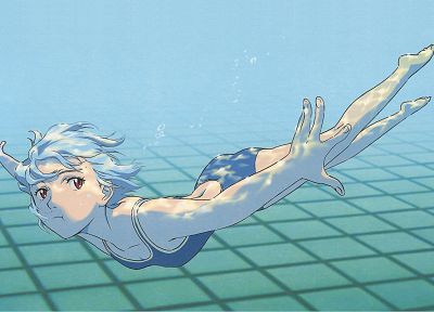 Ayanami Rei, Neon Genesis Evangelion, red eyes, swimming, swimsuits, anime girls, underwater - desktop wallpaper