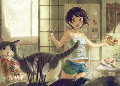 cats, food, spoons, kitchen, cooking, shorts, forks, soft shading, anime girls, original characters - related desktop wallpaper