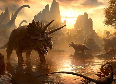 sunset, artistic, dinosaurs, realistic, raptors, triceratops, Pterodactyls, Diplodocus - desktop wallpaper