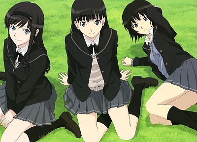 blue eyes, skirts, Amagami SS, Nanasaki Ai, Ayatsuji Tsukasa, Morishima Haruka, anime girls, knee socks - random desktop wallpaper