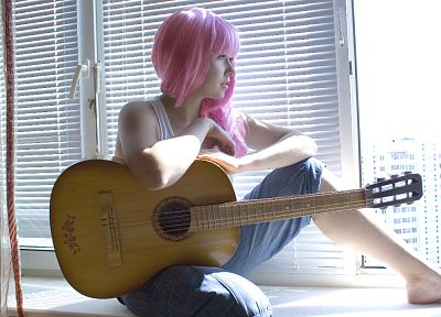 women, barefoot, pink hair, guitars, window panes - random desktop wallpaper