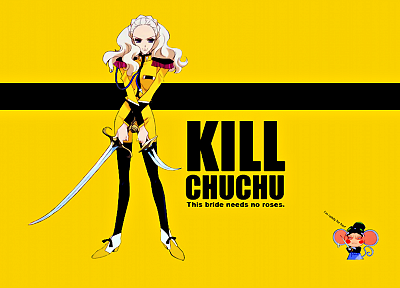 yellow, text, Kill Bill, crossovers, Revolutionary Girl Utena, yellow background - random desktop wallpaper