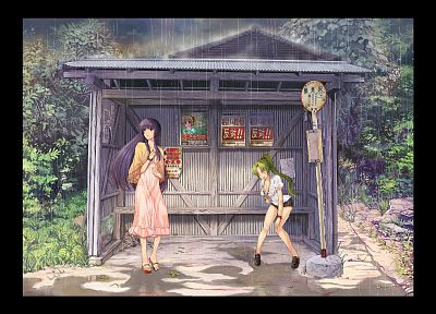 rain, wet, Higurashi no Naku Koro ni, long hair, blue hair, green hair, Furude Rika, Houjou Satoko - related desktop wallpaper
