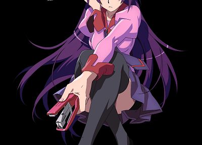 school uniforms, Bakemonogatari, purple hair, Senjougahara Hitagi, knives, simple background, staplers, black background - random desktop wallpaper