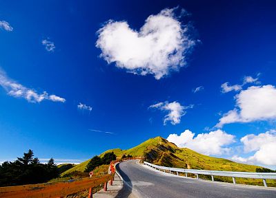 nature, love, trees, hills, roads, hearts, roadsigns, skyscapes - desktop wallpaper
