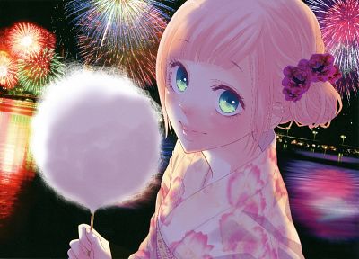 Vocaloid, fireworks, Megurine Luka, cotton candy, aqua eyes, soft shading, Japanese clothes - desktop wallpaper