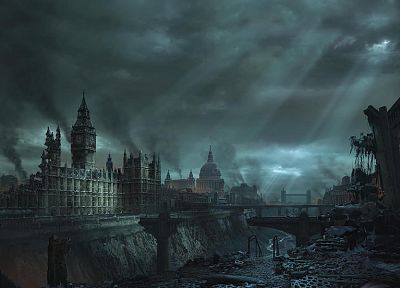 blue, clouds, cityscapes, London, destruction, buildings, Big Ben - related desktop wallpaper