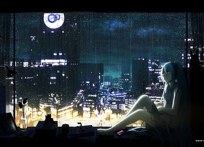 music, Vocaloid, rain, Hatsune Miku, barefoot, cities - desktop wallpaper