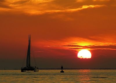 sunset, ocean, clouds, landscapes, Sun, boats, vehicles - related desktop wallpaper