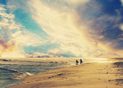 sunset, Sun, waves, surfing, romantic, bright, sea, beaches - random desktop wallpaper