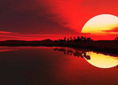 water, sunrise, red, palm trees, lakes, sillhouette - random desktop wallpaper
