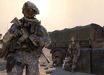 video games, Sun, pistols, gloves, deserts, Call of Duty, trucks, glasses, screenshots, goggles, US Army, Humvee, M4A1, grenade launcher, Call of Duty: Modern Warfare 2 - random desktop wallpaper