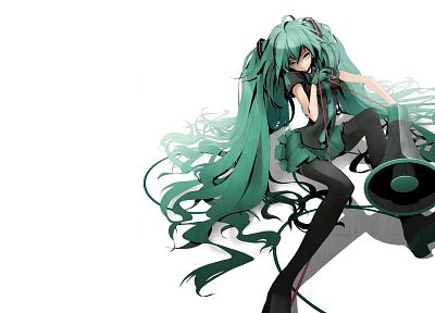Vocaloid, stockings, Hatsune Miku, tie, skirts, Love is War, twintails, smiling, simple background, anime girls - related desktop wallpaper