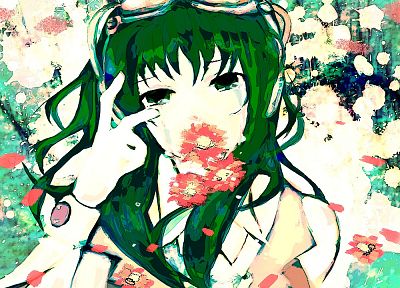 headphones, women, music, Vocaloid, flowers, tears, long hair, green eyes, goggles, green hair, crying, Megpoid Gumi, flower petals, anime girls, bangs, bare shoulders, mouth hold - related desktop wallpaper