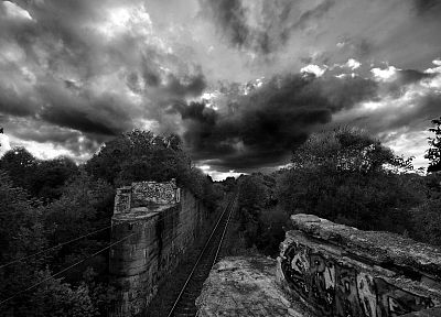 forests, storm, trains, grayscale, monochrome, vehicles - related desktop wallpaper