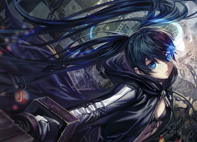 Black Rock Shooter, blue eyes, long hair, weapons, cannons, twintails, capes, chains, coat, anime girls, glowing eyes, bikini top, black hair, Alphonse (White Datura) - related desktop wallpaper
