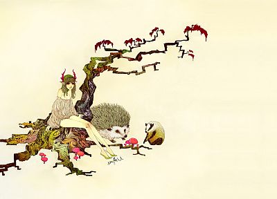 trees, animals, hedgehogs, simple background, somefield, Barnaby Ward - desktop wallpaper