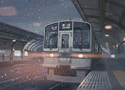 snow, trains, Makoto Shinkai, train stations, shinjuku, 5 Centimeters Per Second, artwork, vehicles, detailed - random desktop wallpaper