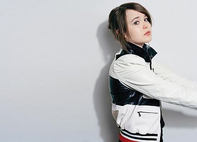 women, Ellen Page, actress, celebrity, short hair, leather jacket, white background - random desktop wallpaper