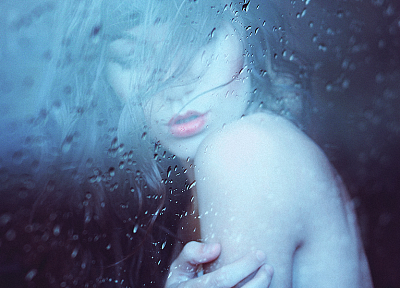 women, rain, water drops, closed eyes, rain on glass - random desktop wallpaper