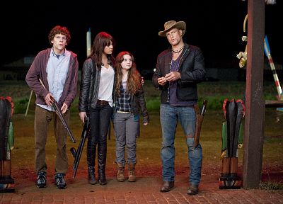 jeans, actress, shotguns, Emma Stone, Zombieland, actors, Abigail Breslin, Jesse Eisenberg, Woody Harrelson - related desktop wallpaper