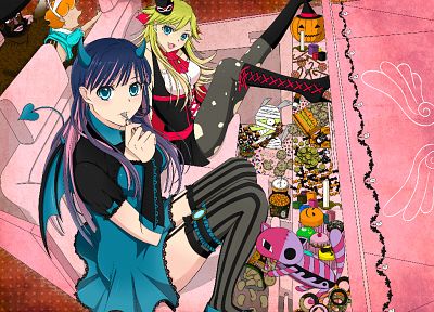 Panty and Stocking with Garterbelt, anime girls, Anarchy Panty, Anarchy Stocking, striped legwear - random desktop wallpaper