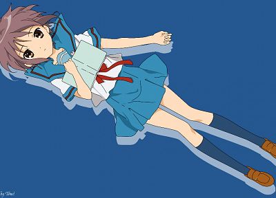school uniforms, Nagato Yuki, The Melancholy of Haruhi Suzumiya, simple background, sailor uniforms, knee socks - random desktop wallpaper
