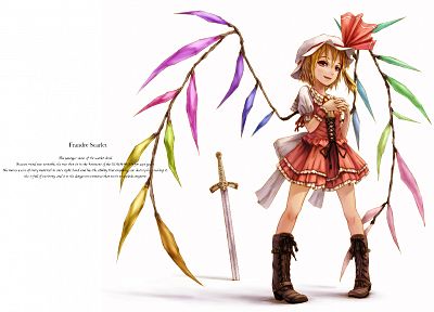 boots, blondes, video games, Touhou, wings, dress, text, ribbons, weapons, vampires, red eyes, short hair, bows, red dress, ponytails, Flandre Scarlet, cuffs, hats, simple background, swords, white background - duplicate desktop wallpaper