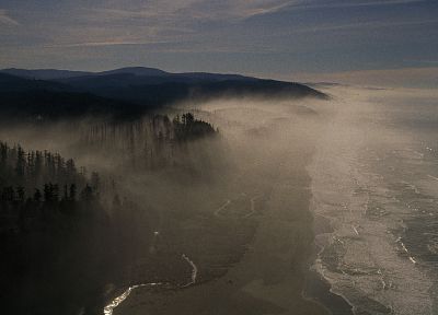 ocean, landscapes, forests, hills, shore, fog, California - random desktop wallpaper