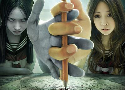 CGI, yin yang, anime girls, pencils - desktop wallpaper