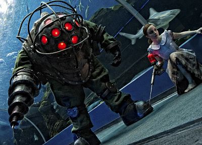 video games, Big Daddy, Little Sister, BioShock - duplicate desktop wallpaper