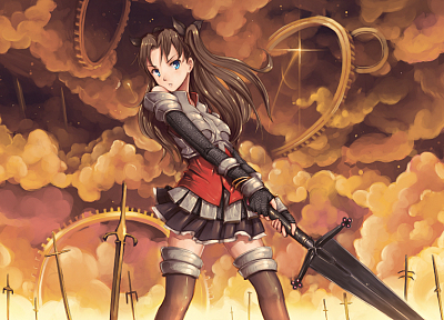 brunettes, Fate/Stay Night, Tohsaka Rin, blue eyes, Unlimited Blade Works, armor, twintails, skyscapes, swords, Fate series - related desktop wallpaper