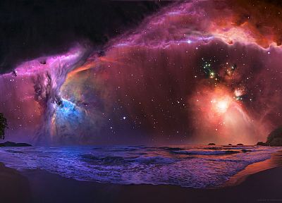sunset, outer space, trees, stars, galaxies, nebulae, andromeda, science fiction, vacation, beaches - random desktop wallpaper
