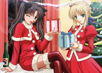 Fate/Stay Night, Tohsaka Rin, Saber, Christmas outfits, Fate series - desktop wallpaper