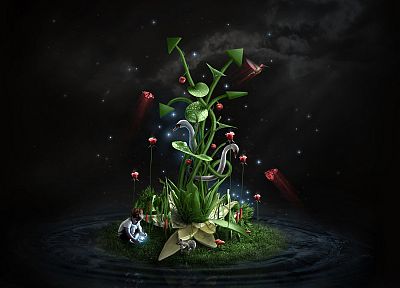 outer space, swans, plants, children - random desktop wallpaper